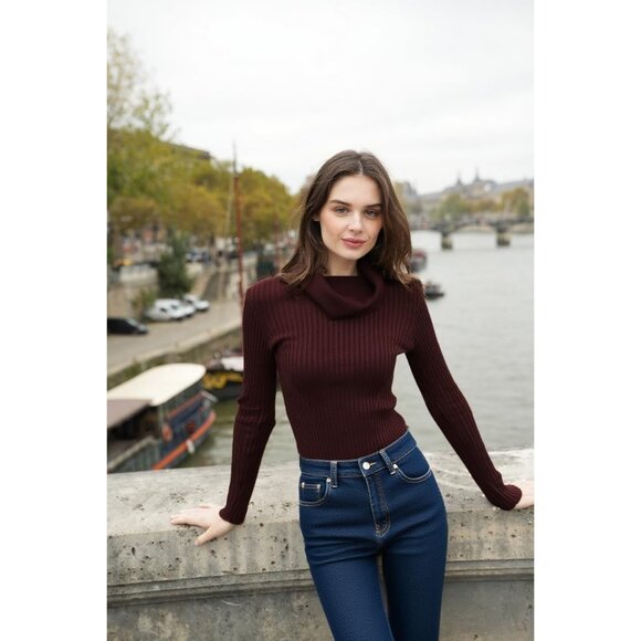 Women’s Coffee Stretchable Cowl Neck Knit Long Sleeve Bodycon Sexy Sweater - Picture 2 of 4